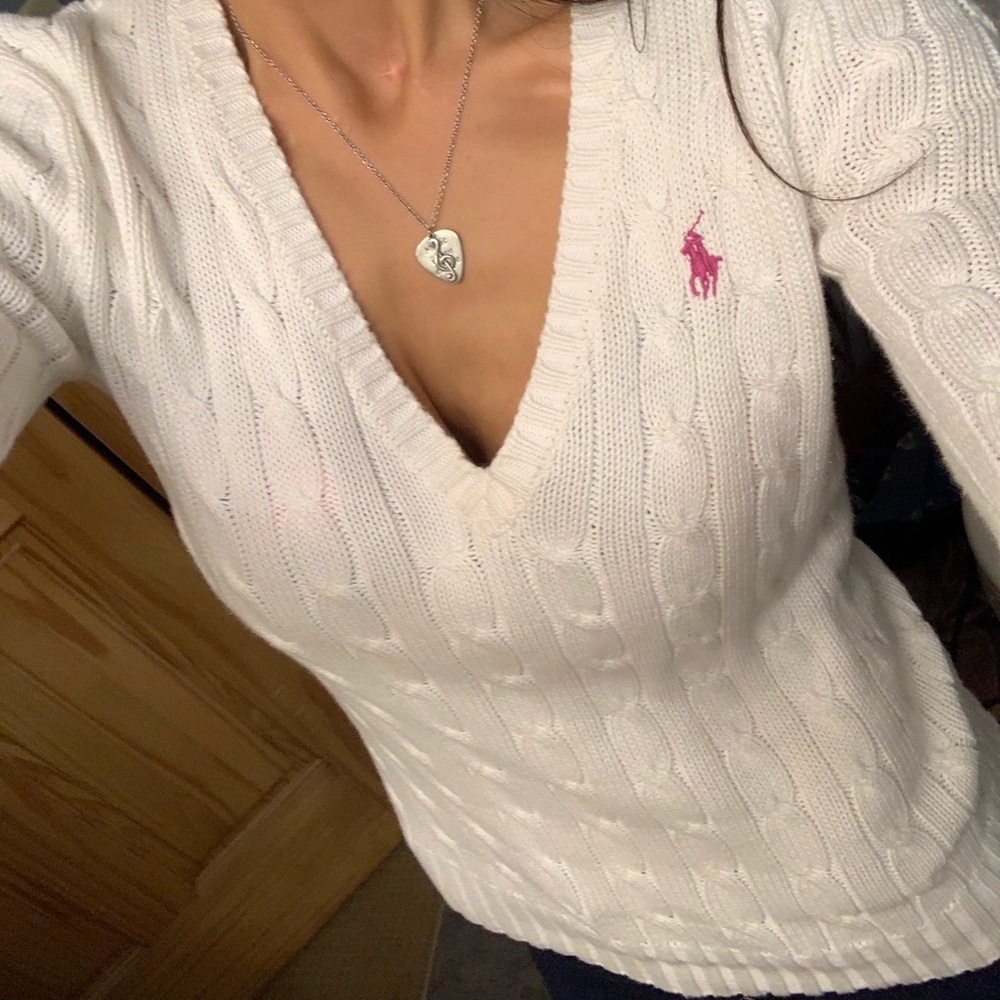 Ralph Lauren Sport White V-Neck Cable Knit Sweater